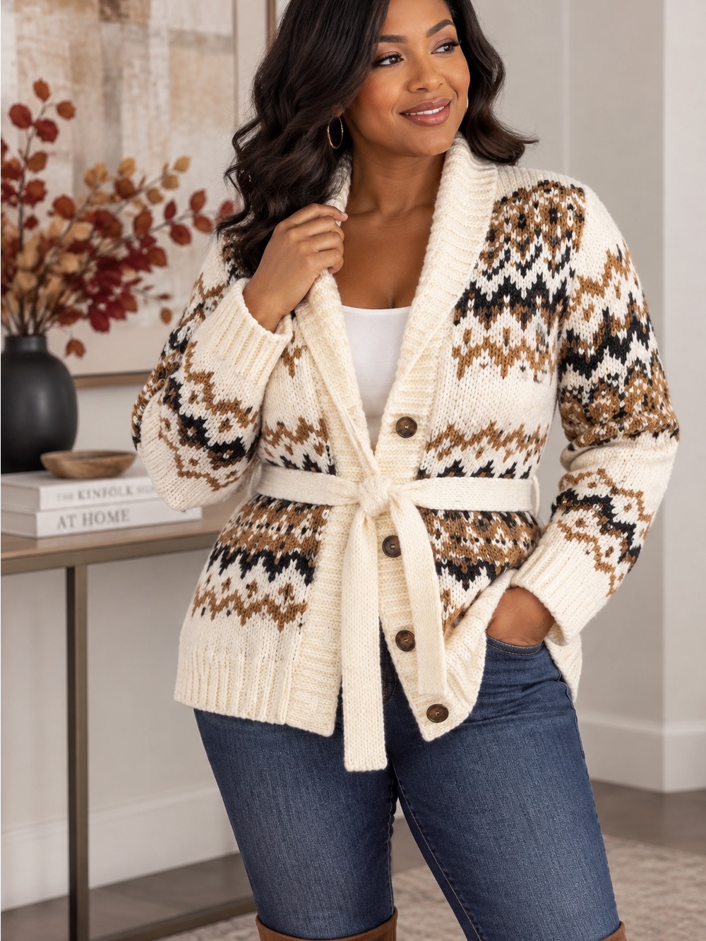 a.n.a Cream Fair Isle Belted Cardigan with Brown and Black Accents